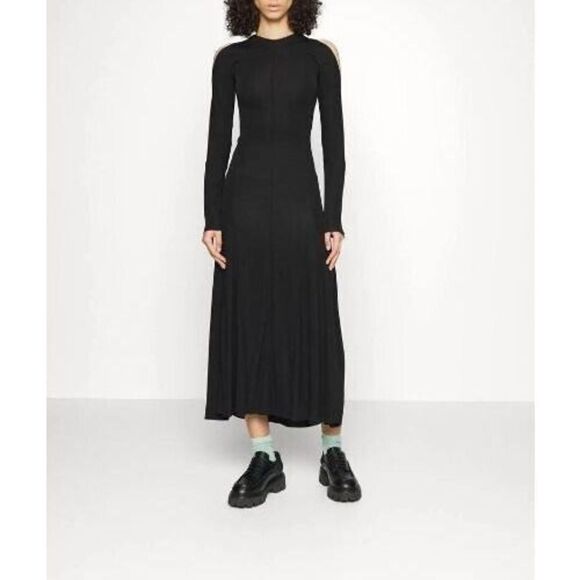 Victoria Beckham Women's Sz 6 Black L/S Open Shoulder Jersey Midi Dress $1250 - Picture 2 of 3